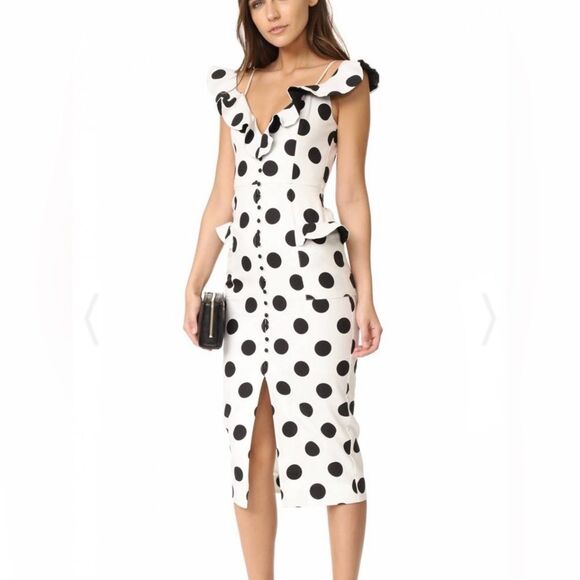 NICHOLAS Dresses & Skirts - NICHOLAS Black Polka Dot on White Ruffled Midi Dress